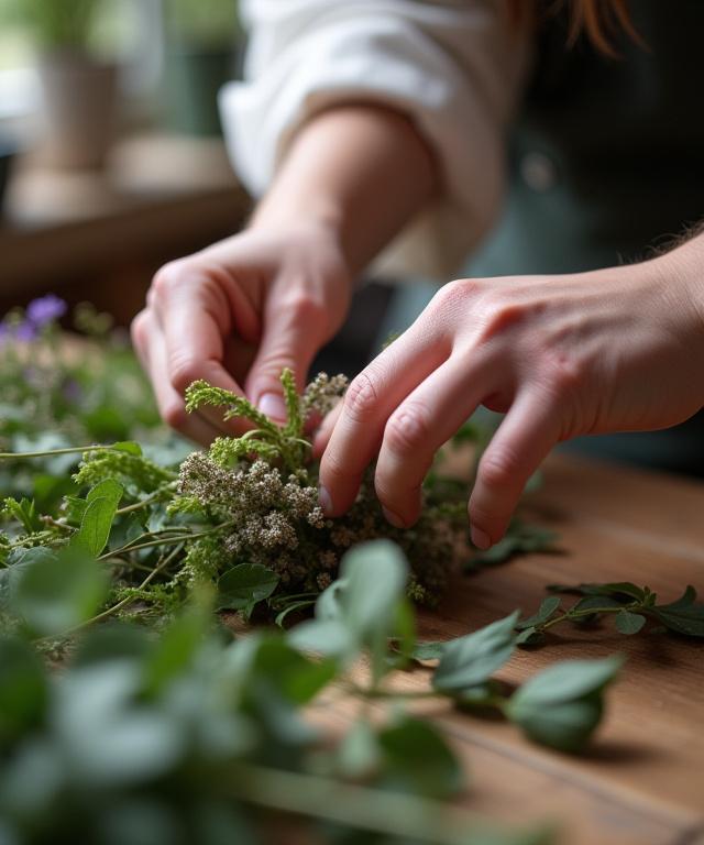 En florists händer som varsamt arbetar med lokala, ekologiska blommor och gröna blad på en träbänk.